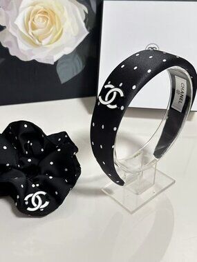 CHANEL Black & White Polka Dot Headband with Matching Scrunchie